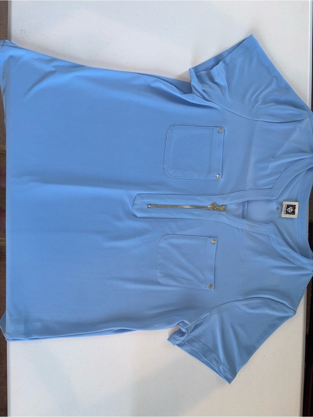 Anne Klein Light Blue Short-Sleeve Zip Front Top